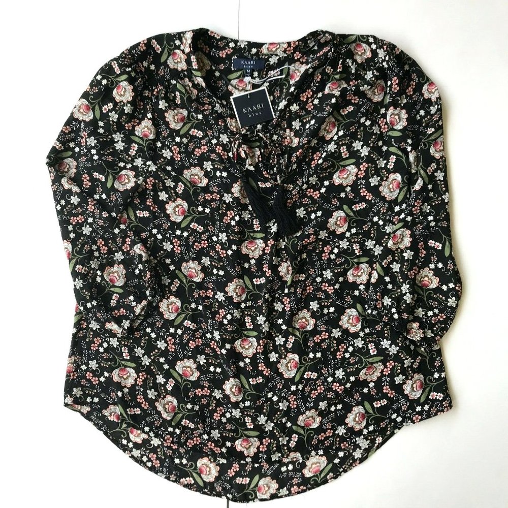 Kaari Blue Hi Low Floral Blouse Top Medium Everyday Essentials 3/4 Sleev… - Picture 6 of 12